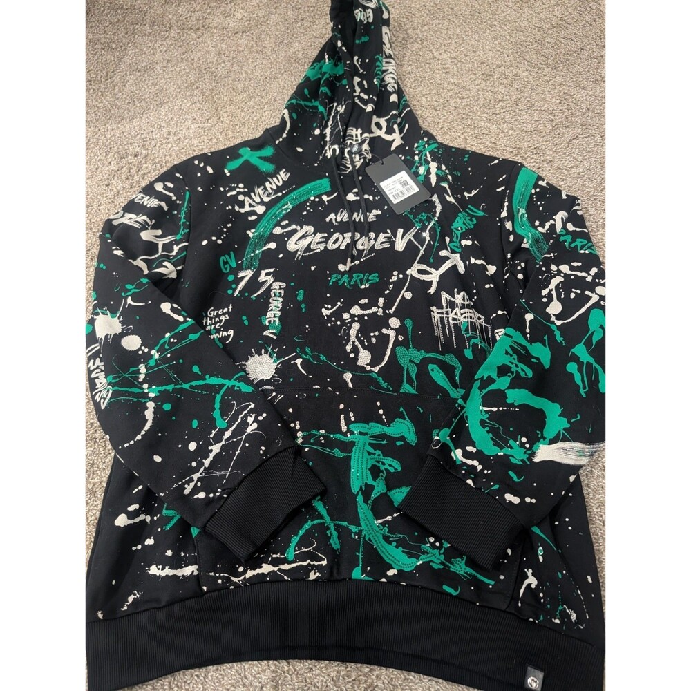 Ave George V Paris 4X (Fits Like XL) Hoodie Paint Splatter Graffiti Bling NWT